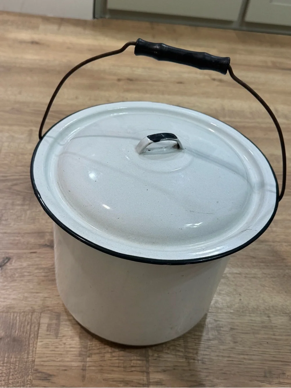 vintage white enamelware stock pot, Slop Bucket, Or Chamber Pot With Lid